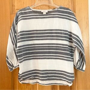 LOFT Cotton Blouse - 3/4  Button-Tab Sleeves, Size: XXSP, Navy Blue & White